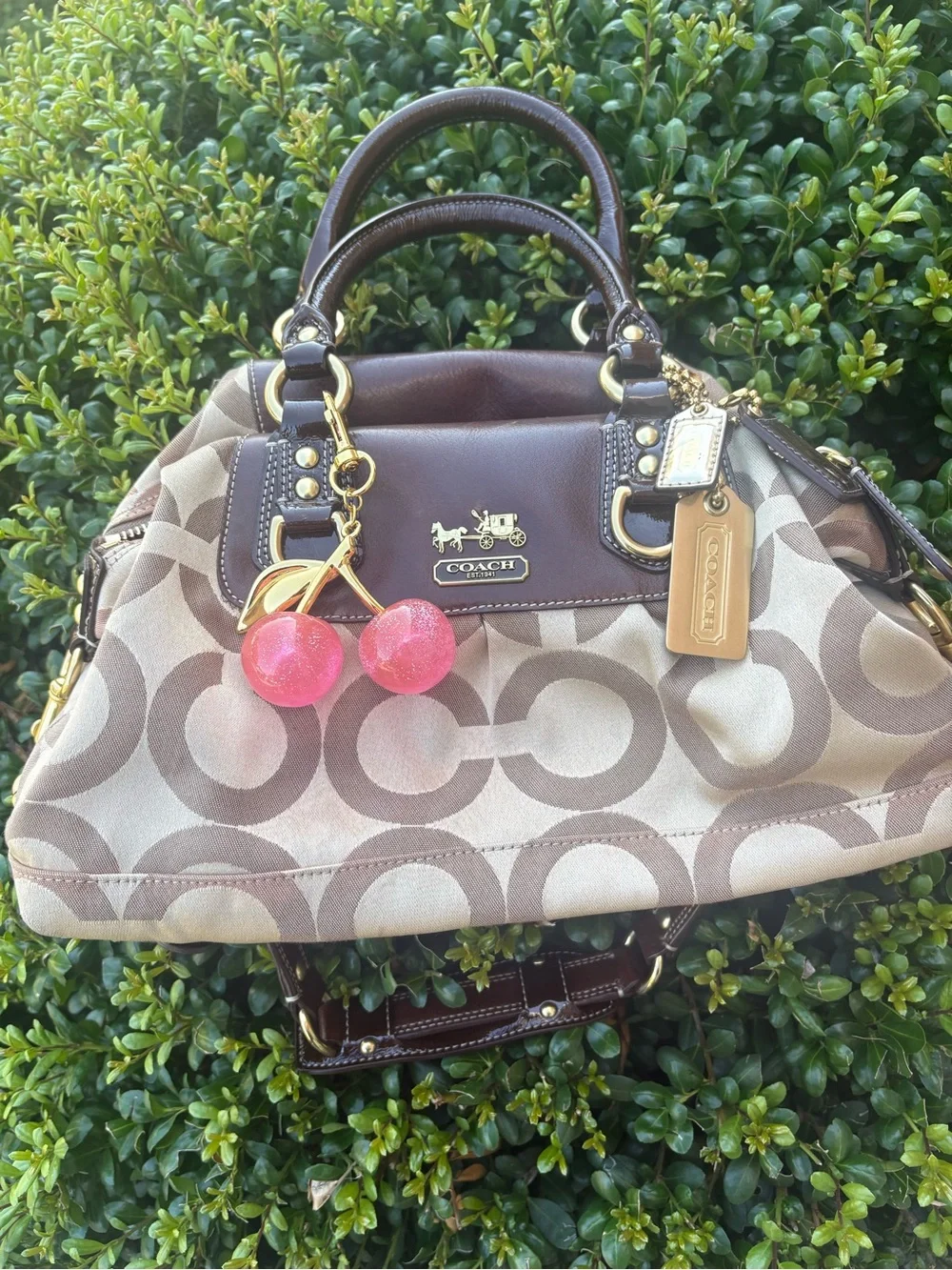 Coach Beige Signature Canvas Satchel with Brown Leather Trim & Pink Cherry Charm